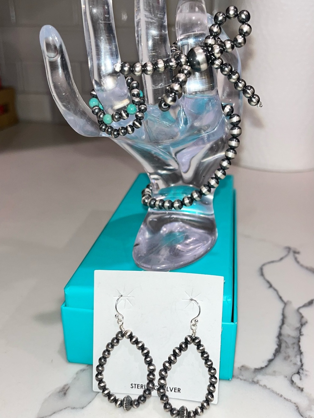Sterling Silver Beaded Teardrop Earrings W/ matching BowRing/ 1Bracelet x2 rings
